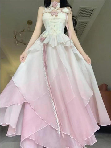 A line Ombre Pink Chiffon Dress Long Prom Dresses Night Dress Birthday Outfits SD1176